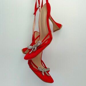 Red  Rhinestone Bow  Square Toe Wrap Around Strappy Sandals Horsehoof Heel Sz 38